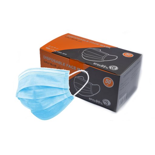 1 Box (á 50 Stk.) Hygienemasken (3-lagig) inkl. Nasenbügel, Spandex-Bebänderung