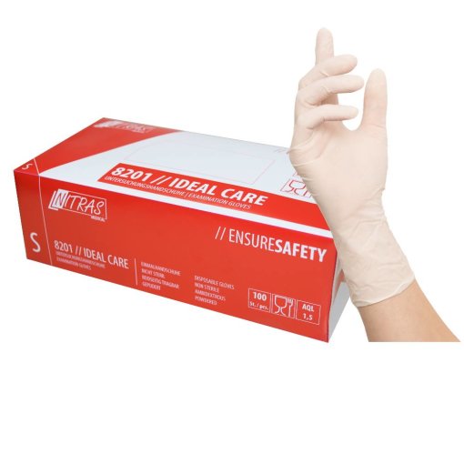 1 Box Einmalhandschuh NITRAS 8201 Ideal Care Latex, naturfarben, gepudert (Box à 100 Stück) Gr. L