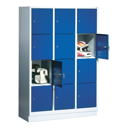 Fächerschrank mit 150 mm hohen Füßen,
 Abteilbreite in mm: 300, Abteile: 4 x 4 Maße in mm (BxTxH): 1190 x 500 x 1850