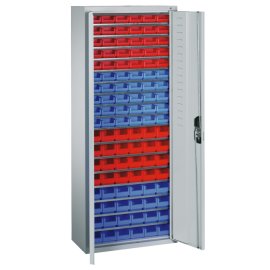 Schrank mit Sichtlagerkästen, 17x Fachboden, 
 30x Gr.1 rot, 30x Gr.1 blau, 24x Gr.2 rot, 24x Gr.2 blau Maße in mm (BxTxH): 700 x 300 x 1690