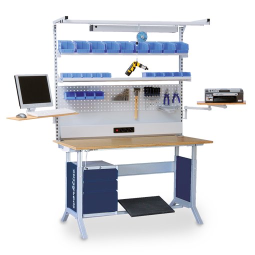 Multi-Wand-Aufbau workline Breite 1500 mit Obergestell, 1x Energiekanal , 1x Lochwand, 1x Magnetwand, 2x Fachboden, 2x Schwenkarm Maße in mm (BxTxH): 1500 x 750 x 1250