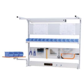 Multi-Wand-Aufbau workline Breite 1500 mit Obergestell, 1x Energiekanal , 1x Lochwand, 1x Magnetwand, 1x Fachboden, 1x Schwenkarm Maße in mm (BxTxH): 1500 x 750 x 1250