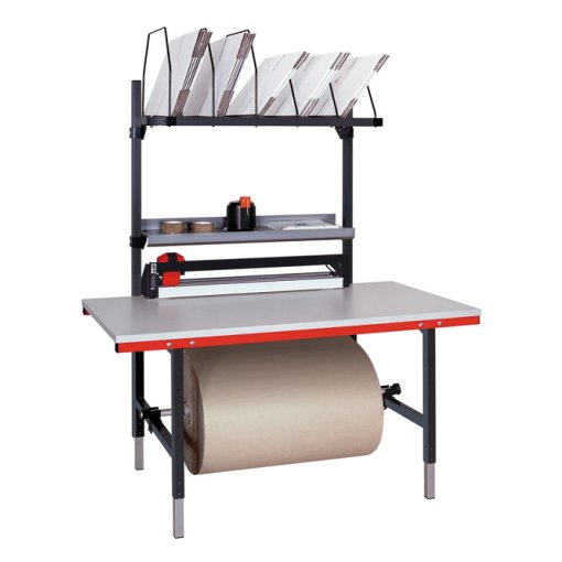 Pack- und Arbeitstischkombination höhenverstellbar Breite 1600 Areitsplatte melaminharzbeschichtet 30 mm Klemmfeststellung 1x Formularablage 1x Kartonmagazin 1x Zwischenboden Maße in mm (BxT): 1600 x 800