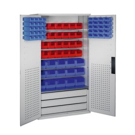 Großraumschrank mit Sichtlagerkästen, 3x Schublade,
 5x Schiene pro Tür, 7x Fachboden, 6x Fachboden verkürzt Maße in mm (BxTxH): 1100 x 535 x 1950