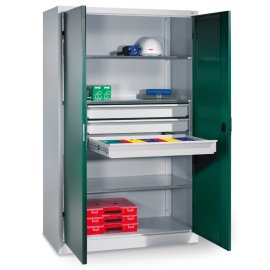 Schwerlastschrank mit mittigem Schubladenblock, 3 x Verstellbare, verzinkte Fachböden Maße in mm (BxTxH): 930 x 600 x 1950