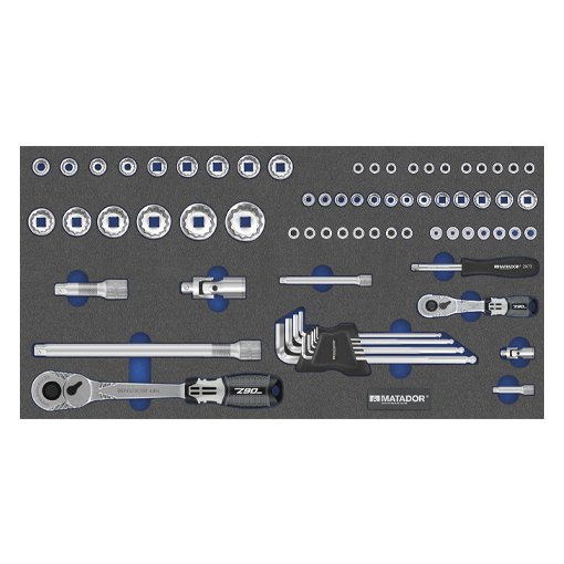 Werkzeugeinsatz, 1/4“ - 1/2“-Steckschlüssel-Sat 71 tlg. Maße in mm (BxTxH): 565 x 300 x 25