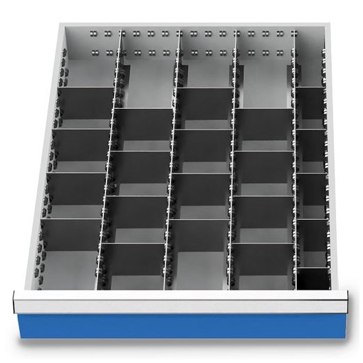 Metalleinteilung Set 25-teilig, R 18-24, Schubladennutzmaß 450 x 600 mm, Blendenhöhen 100 / 125 mm Maße in mm (BxTxH): 450 x 600 x 75