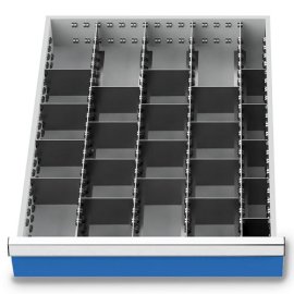 Metalleinteilung Set 25-teilig, R 18-24, Schubladennutzmaß 450 x 600 mm, Blendenhöhen 100 / 125 mm Maße in mm (BxTxH): 450 x 600 x 75