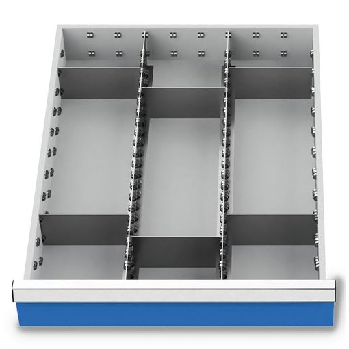 Metalleinteilung Set 8-teilig, R 18-24, Schubladennutzmaß 450 x 600 mm, Blendenhöhen 100 / 125 mm Maße in mm (BxTxH): 450 x 600 x 75