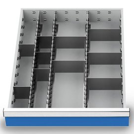 Metalleinteilung Set 13-teilig, R 18-24, Schubladennutzmaß 450 x 600 mm, Blendenhöhen 100 / 125 mm Maße in mm (BxTxH): 450 x 600 x 75