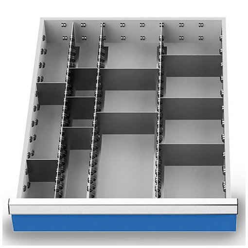 Metalleinteilung Set 13-teilig, R 18-24, Schubladennutzmaß 450 x 600 mm, Blendenhöhen 150 / 175 mm Maße in mm (BxTxH): 450 x 600 x 125