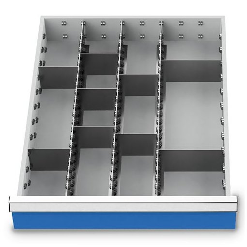 Metalleinteilung Set 12-teilig, R 18-24, Schubladennutzmaß 450 x 600 mm, Blendenhöhen 100 / 125 mm Maße in mm (BxTxH): 450 x 600 x 100
