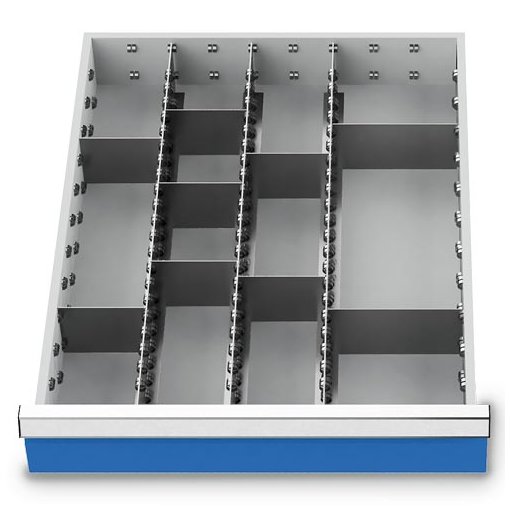 Metalleinteilung Set 12-teilig, R 18-24, Schubladennutzmaß 450 x 600 mm, Blendenhöhe 75 mm Maße in mm (BxTxH): 450 x 600 x 75