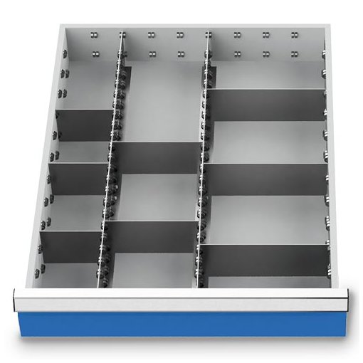 Metalleinteilung Set 10-teilig, R 18-24, Schubladennutzmaß 450 x 600 mm, Blendenhöhen 150 / 175 mm Maße in mm (BxTxH): 450 x 600 x 150