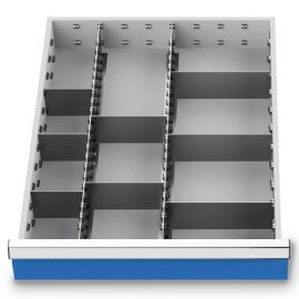 Metalleinteilung Set 10-teilig, R 18-24, Schubladennutzmaß 450 x 600 mm, Blendenhöhen 150 / 175 mm Maße in mm (BxTxH): 450 x 600 x 150