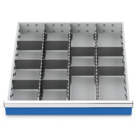 Metalleinteilung Set 13-teilig, R 24-24, Schubladennutzmaß 600 x 600 mm, Blendenhöhen 100 / 125 mm Maße in mm (BxTxH): 600 x 600 x 75