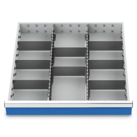 Metalleinteilung Set 10-teilig, R 24-24, Schubladennutzmaß 600 x 600 mm, Blendenhöhen 100 / 125 mm Maße in mm (BxTxH): 600 x 600 x 75