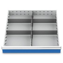 Metalleinteilung Set 5-teilig, R 24-24, Schubladennutzmaß 600 x 600 mm, Blendenhöhen 100 / 125 mm Maße in mm (BxTxH): 600 x 600 x 75