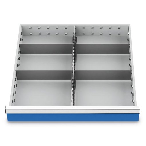 Metalleinteilung Set 5-teilig, R 24-24, Schubladennutzmaß 600 x 600 mm, Blendenhöhen 150 / 175 mm Maße in mm (BxTxH): 600 x 600 x 125