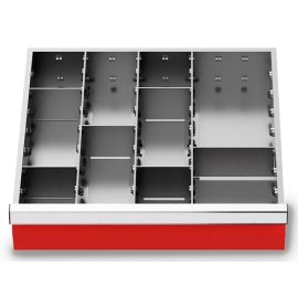 Metalleinteilung Set 9-teilig, R 18-16, Schubladennutzmaß 450 x 400 mm, Blendenhöhe 100 mm Maße in mm (BxTxH): 450 x 400 x 100