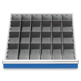 Metalleinteilung Set 23-teilig, R 24-24, Schubladennutzmaß 600 x 600 mm, Blendenhöhen 100 / 125 mm Maße in mm (BxTxH): 600 x 600 x 75