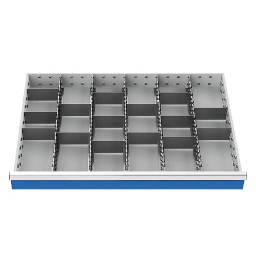 Metalleinteilung Set 20-teilig, R 36-24, Schubladennutzmaß 900 x 600 mm, Blendenhöhen 200 / 250 / 300 mm Maße in mm (BxTxH): 900 x 600 x 175