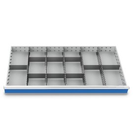 Metalleinteilung Set 14-teilig, R 48-24, Schubladennutzmaß 1200 x 600 mm, Blendenhöhen 100 / 125 mm Maße in mm (BxTxH): 1200 x 600 x 75