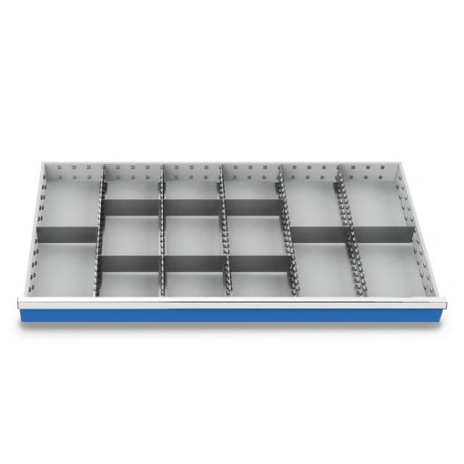 Metalleinteilung Set 14-teilig, R 48-24, Schubladennutzmaß 1200 x 600 mm, Blendenhöhen 200 / 250 mm Maße in mm (BxTxH): 1200 x 600 x 175