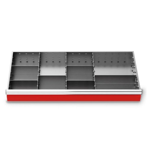 Metalleinteilung Set 9-teilig, R 36-16, Schubladennutzmaß 900 x 400 mm, Blendenhöhe 100 mm Maße in mm (BxTxH): 900 x 400 x 100