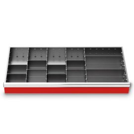 Metalleinteilung Set 14-teilig, R 36-16, Schubladennutzmaß 900 x 400 mm, Blendenhöhe 100 mm Maße in mm (BxTxH): 900 x 400 x 100