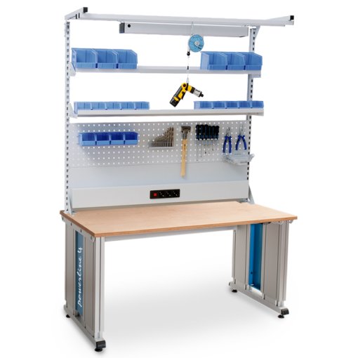 Powerline 4 Grundgestellkombination, Tiefe 900, elektrische Höhenverstellung, 1x Energiekanal, 1x Loch- und Magnetwand, 2x Fachboden Maße in mm (BxT): 2000 x 900