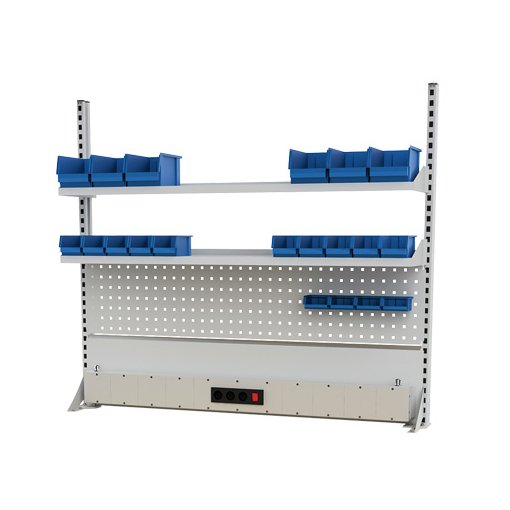 Werkbankaufbau 1500 mm, Multi-Wand-Aufbau ohne Beleuchtung und Obergestell, umfangreiches Zubehör, Energiekanal Maße in mm (BxH): 1500 x 1250