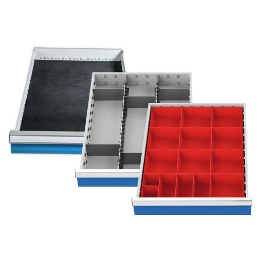 Einteilungssortiment (3-teilig) für Schubladen R 18-24, Riffelgummieinlage, Kleinteilekästchen, Metalleinteilung Maße in mm (BxT): 450 x 600
