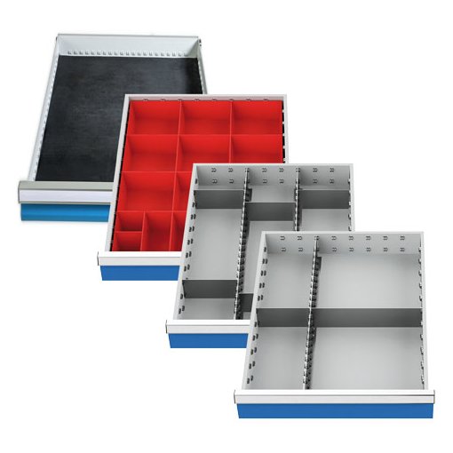 Einteilungssortiment (4-teilig) für Schubladen R 18-24, 1 x Riffelgummieinlage, 1 x Kleinteilekästchen, 2 x Metalleinteilung Maße in mm (BxT): 450 x 600