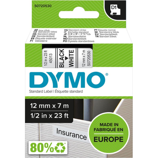 Schriftband D1 45013 12mm x 7m schwarz auf weiß