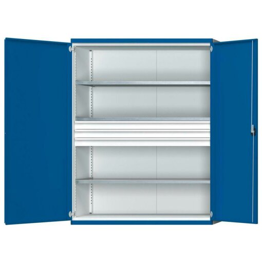 Schwerlastschrank B1485 x T630 x H1950 mm RAL7035/5010 o.Mittelwand 3 Böden,3 Schubladen 100kg