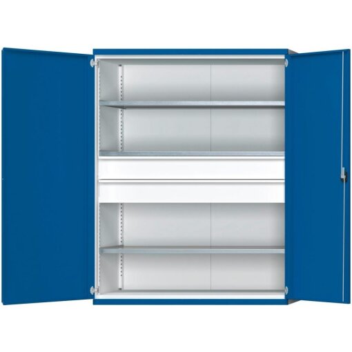Schwerlastschrank B1485 x T630 x H1950 mm RAL7035/5010 o.Mittelwand 3Böden,2Schubladen 100kg